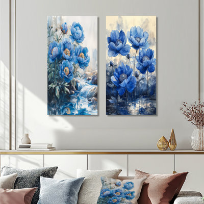 Blue Peonies by the Stream I – Peony Metal Wall Art Print Set of 2