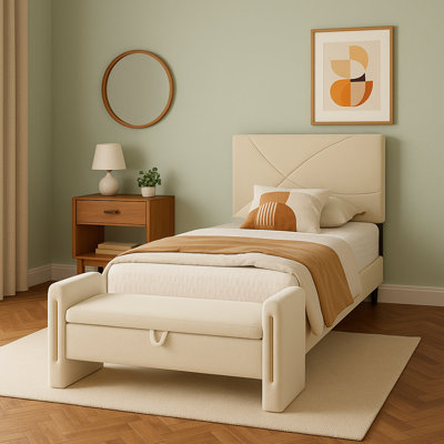 Ensemble de chambre à coucher 2 pièces avec lit plateforme tapissier à DEL et banc de rangement crème bouclé