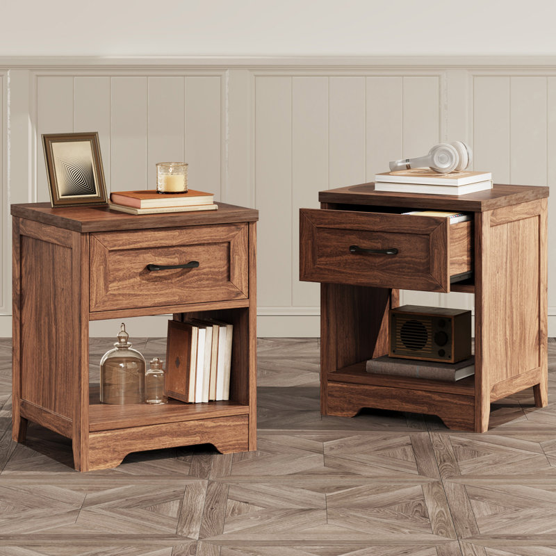 Tables de chevet avec tablette ouverte spacieuse, tables de chevet avec tiroir en bois, tables de bout décoratives en bois rustique avec structure stable, ensemble de 2