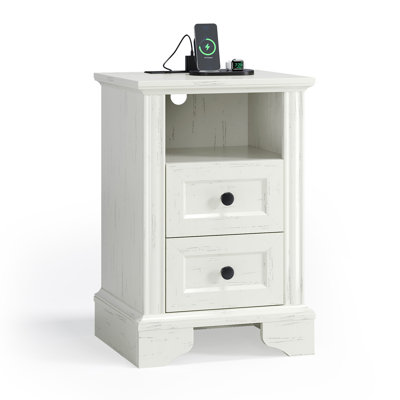 Nightstand With 2 Drawers, Shelf, Socket & Rattan Detail by Breakwater Bay