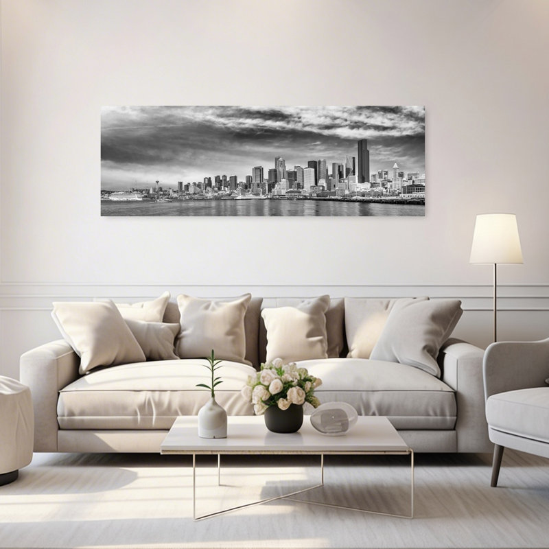 «Dramatic Seattle Skyline», art abstrait moderne, art mural de la ville, H 20 po x l 60 po