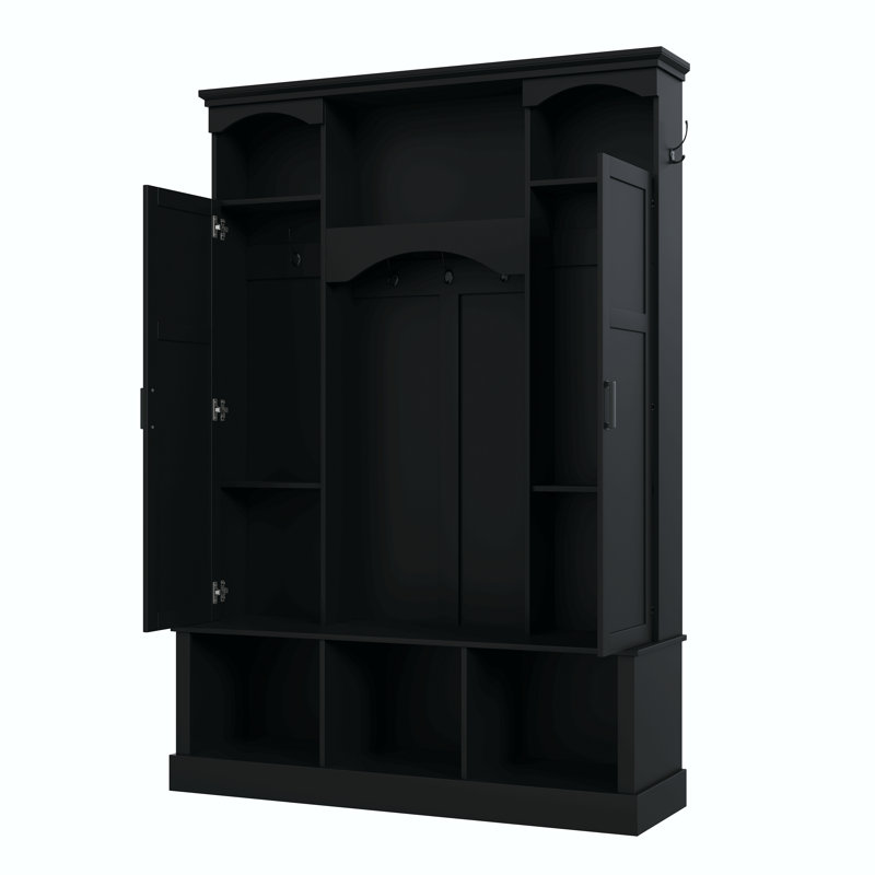 On-Trend Modern All-In-One Hall Tree With Adjustable Shelves, Classic Arched Farmhouse Storage Bench With Dual Side Cabinets, Elegant Entryway Organizer With 7 Hooks For Mudroom, Hallway