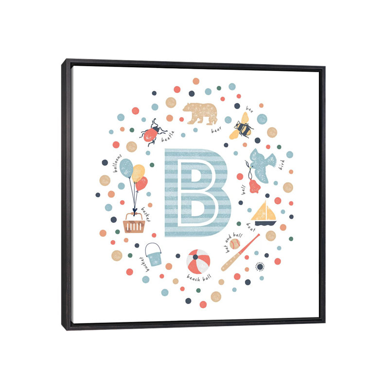 Lettre illustrée B bleue - impression, Aucun mat, H 18 po x l 18 po x 1,5 po, Toile encadrée noir délavé