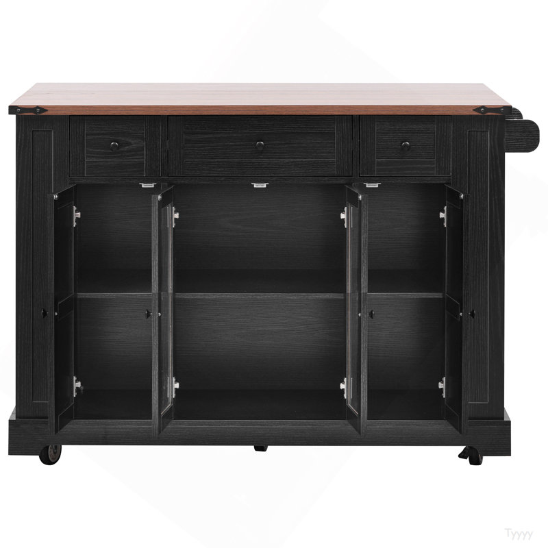 53'' Farmhouse Kitchen Island With Two Tempered Glass Cabinet Doors, Power Outlet, Rolling Kitchen Cart On Wheels With Drop Leaf, 5 Open Side Racks, 3 Drawers, For Kitchen, Dining Room, Black