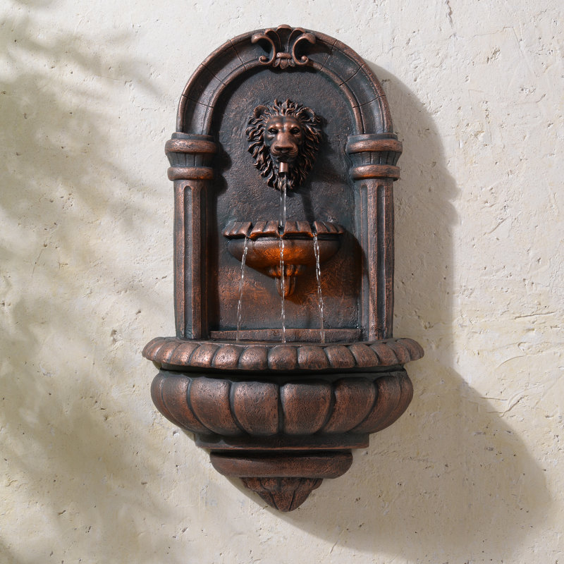 Tiered Lion Head Outdoor Water Wall Fountain with LED Light and Pump, Antique Bronze