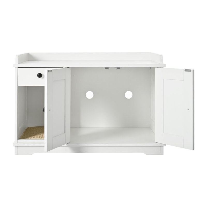 Enceinte de litière pour chat GO, meubles de litière cachés avec tapis de litière pour chat, table d'appoint pour chat avec tiroir, table d'appoint de style campagnard pour le salon, blanc