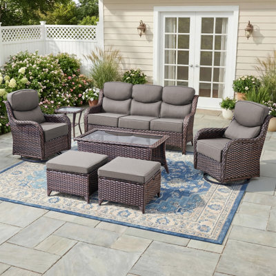 7 - Person Luxury Wicker Patio Furniture Set With Coffee Table & 6-Inch Extra-Thick Cushion Swivel Chairs, Side Table