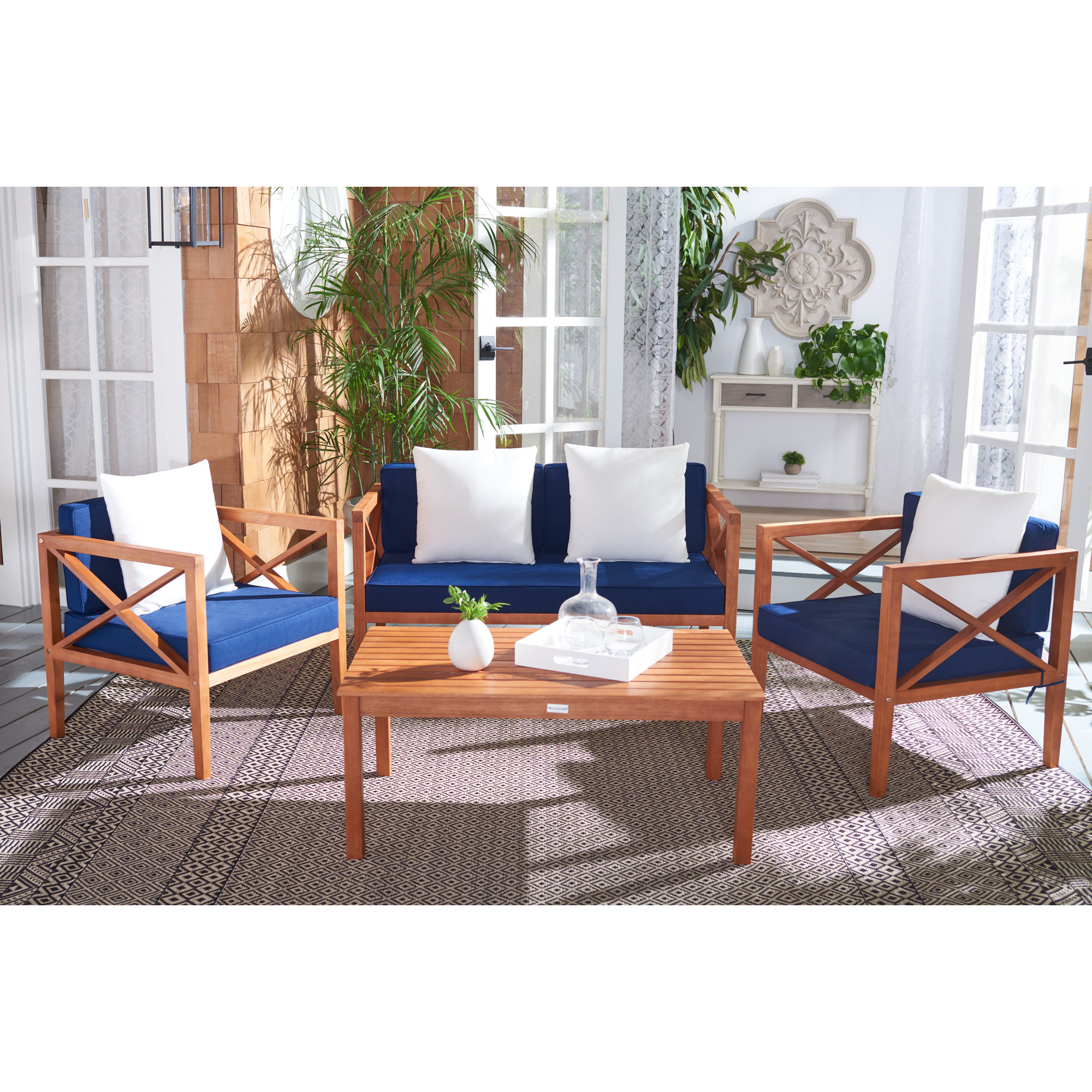 Mondovi Eucalyptus 4 - Person Patio Conversation Set with Cushions, Natural Frame/Navy Cushion, White