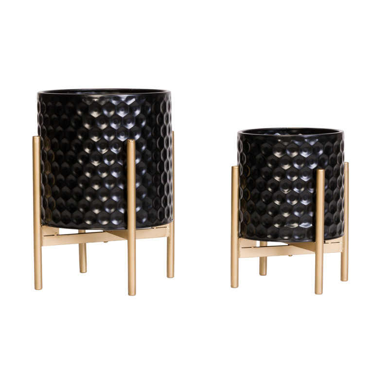 Janayah Mid Century Modern Indoor Metal Pot Planter With 4-Leg Metal Base - Set