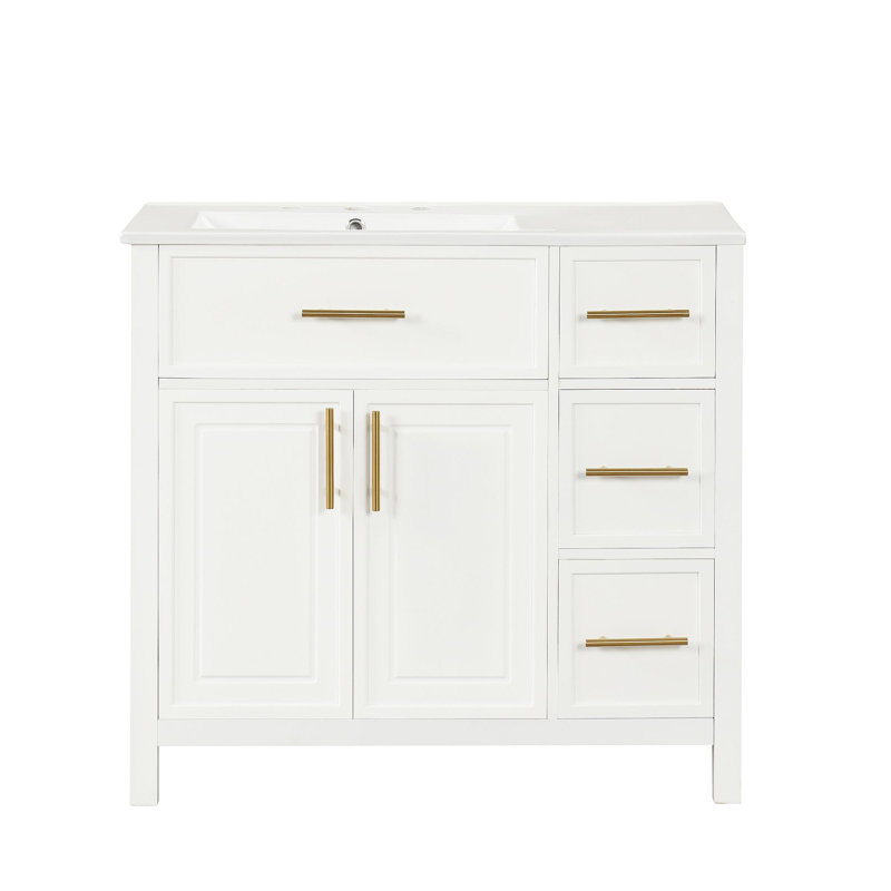 Meuble-lavabo 36 po avec comptoir, meuble-lavabo avec deux portes et trois tiroirs, bois massif, panneaux de fibres à densité moyenne, un paquet, blanc