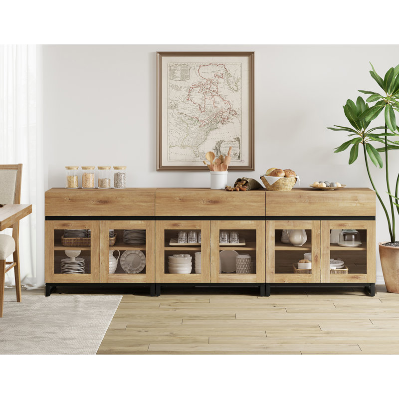 3 In 1 Multifunctional Sideboard Buffet Cabinets With 6 Glass Doors And 3 Drawers, Modern Sideboard Credenza With Metal Base, Coffee Bar Storage Cabinet For Living Room, Kitchen