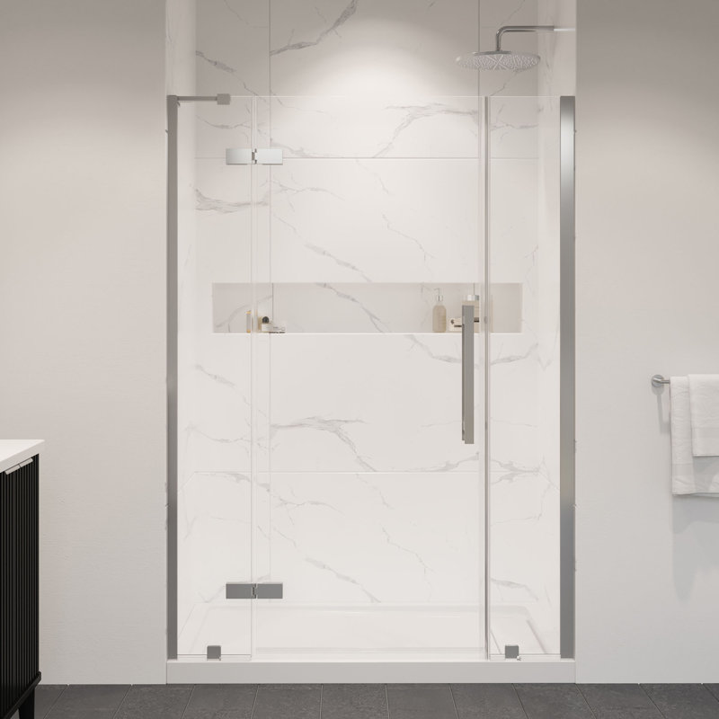 OVE Decors Tampa Alcove Frameless Pivot Hinge Shower Door Kit With Base Pan, 2025, Satin Nickel