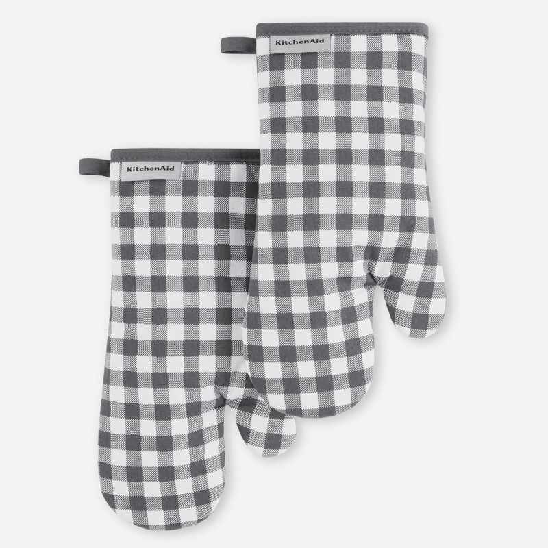 KitchenAid Gingham Oven Mitt 2-Pack Set, 7" x 13", Charcoal Gray