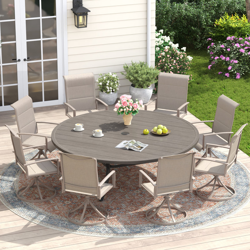63" Patio Dining Set With Foam-Padded Swivel Chairs, Brush Wood Gray/Black/Sandshell