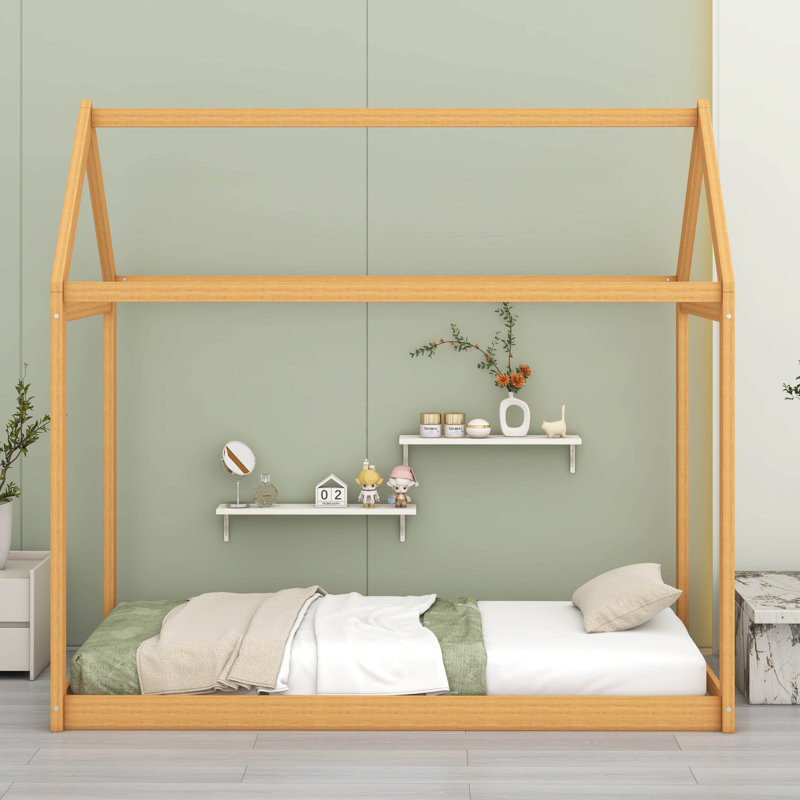 Lit simple en forme de maison, lit de plancher de couleur bois