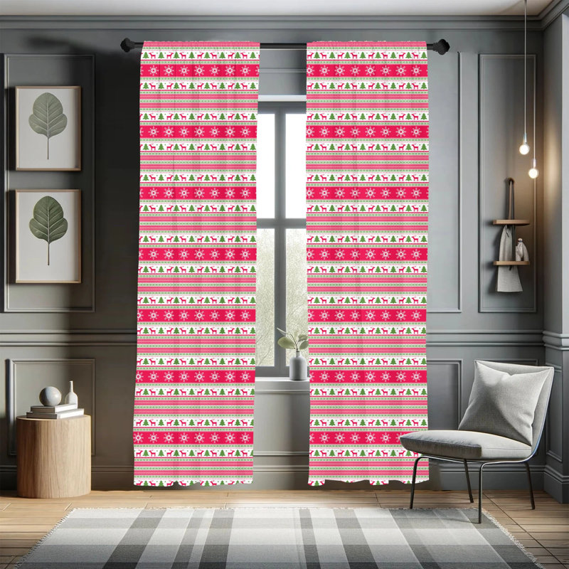 Nordic, Classical Reindeers Snowflakes Trees Christmas Pattern Needlework Design, Semi-Sheer Rod Pocket Sliding Panel
