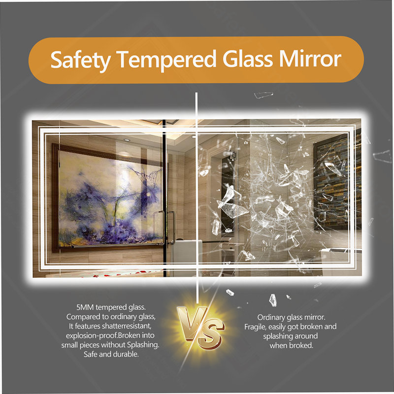  Miroir de salle de bain sans cadre à DEL, miroir intelligent, Horizontale / verticale, Rectangulaire, 48 po x 32 po