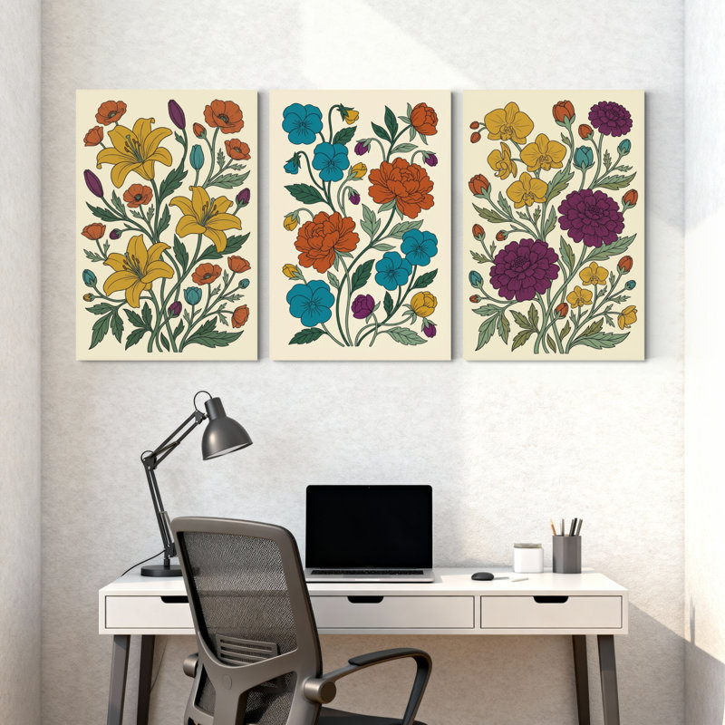 Plantes et fleurs, motif floral avec couleurs vives et feuilles vertes, ensemble de 3 impressions sur toile