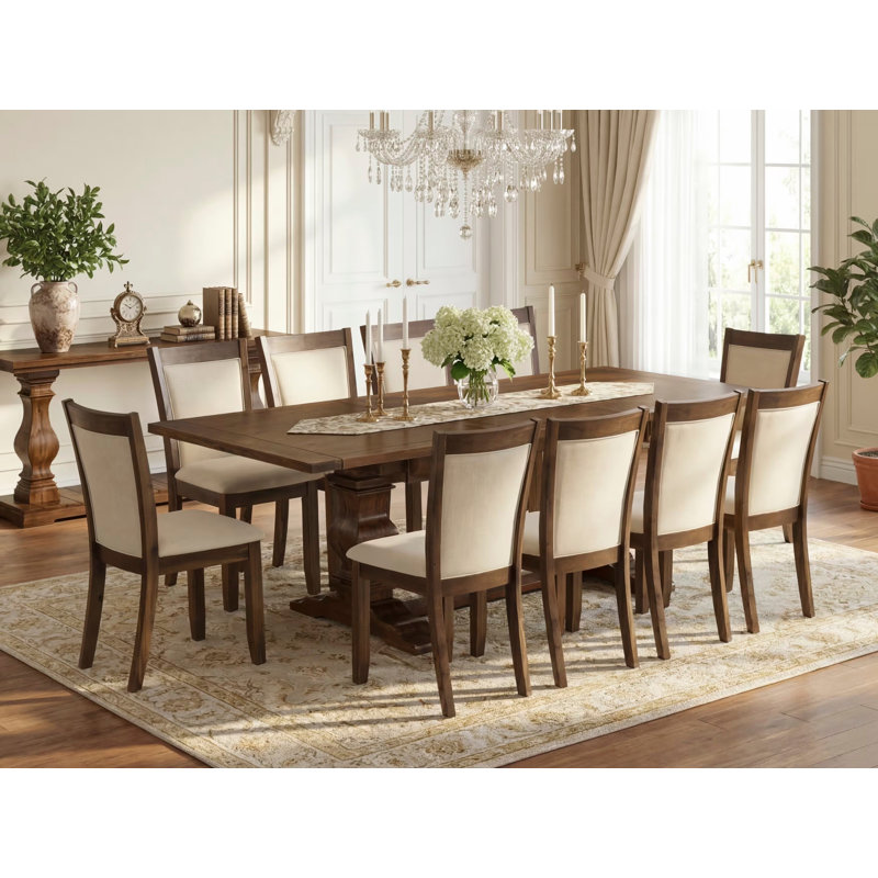 11 Piece Kitchen Table Set Includes a Rectangle Dining Table with Removable Leaf and 10 Light Beige Linen Fabric Upholstered Chairs, Antique Walnut