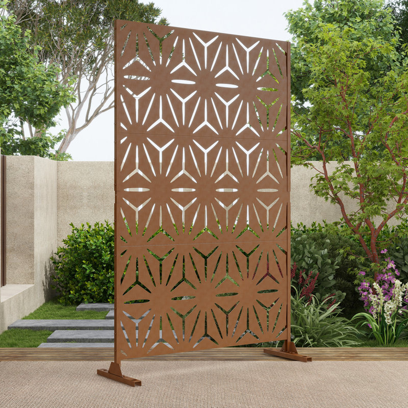 Pacifa Series 6 ft. H x 4 ft. W Leave Pattern Metal Privacy Screen With Wider Feet, Brown