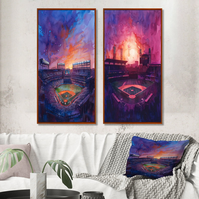Ensemble de 2 pièces d'art mauve et orange avec baseball Stadium At Night I - Stades, H 28 po x l 24 po, Impression encadrée