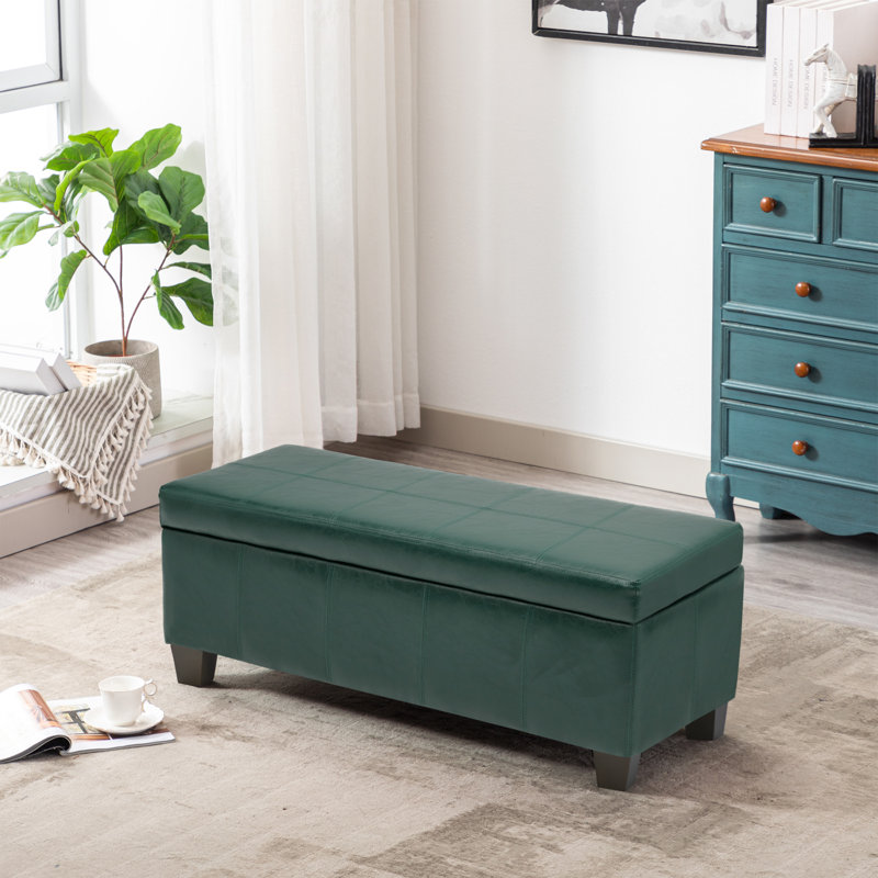 Demingo 41" Upholstered Contemporary Rectangular Storage Ottoman with Safety Hinge, Green