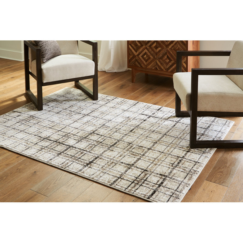 Azmerilla 5' x 7' Cream and Gray Plaid Area Rug