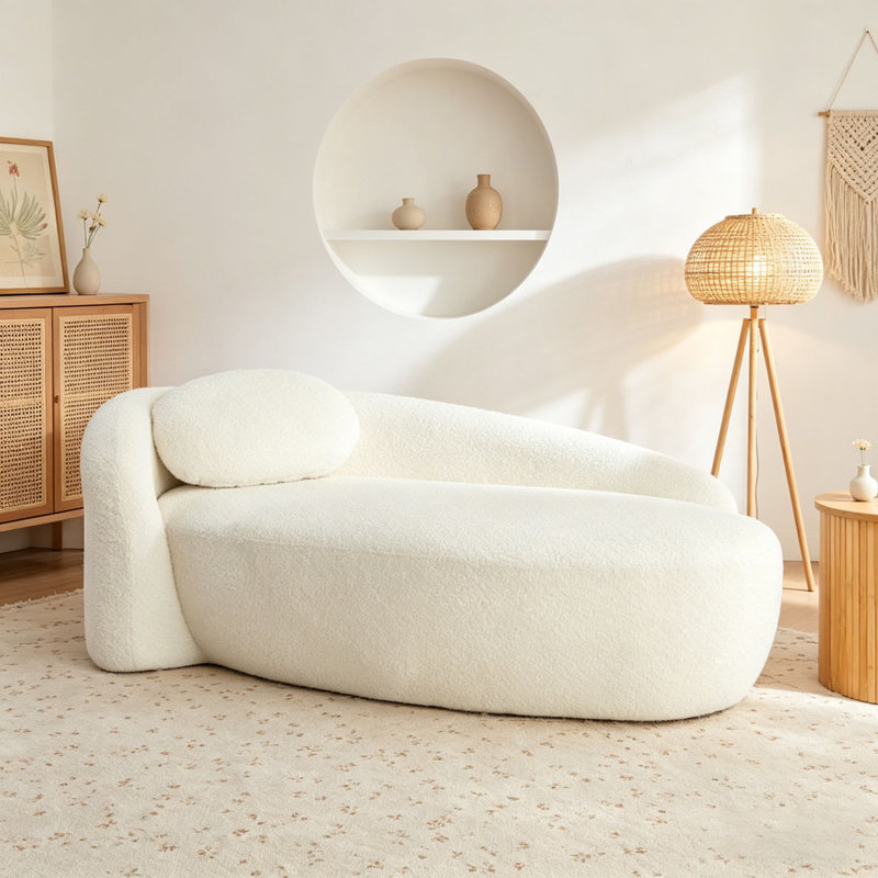 Modern Oval Single Lazy Sofa Chair Lounge Chaise with Integrated Backrest, Side Armrest and Pillow, Beige