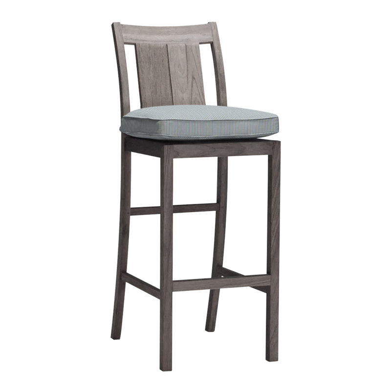 Croquet 24.5" Patio Bar Stool with Cushion, Rollo Chambray InsideOut® Linen, Welt, Oyster Teak