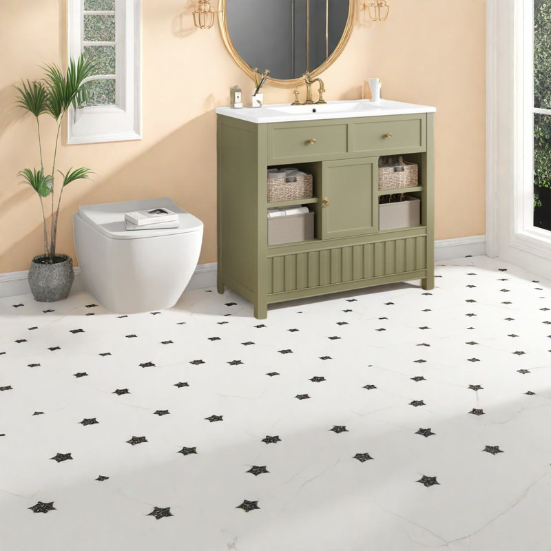 Meuble-lavabo multifonctionnel vert 36 po avec lavabo, bois massif et bois aggloméré