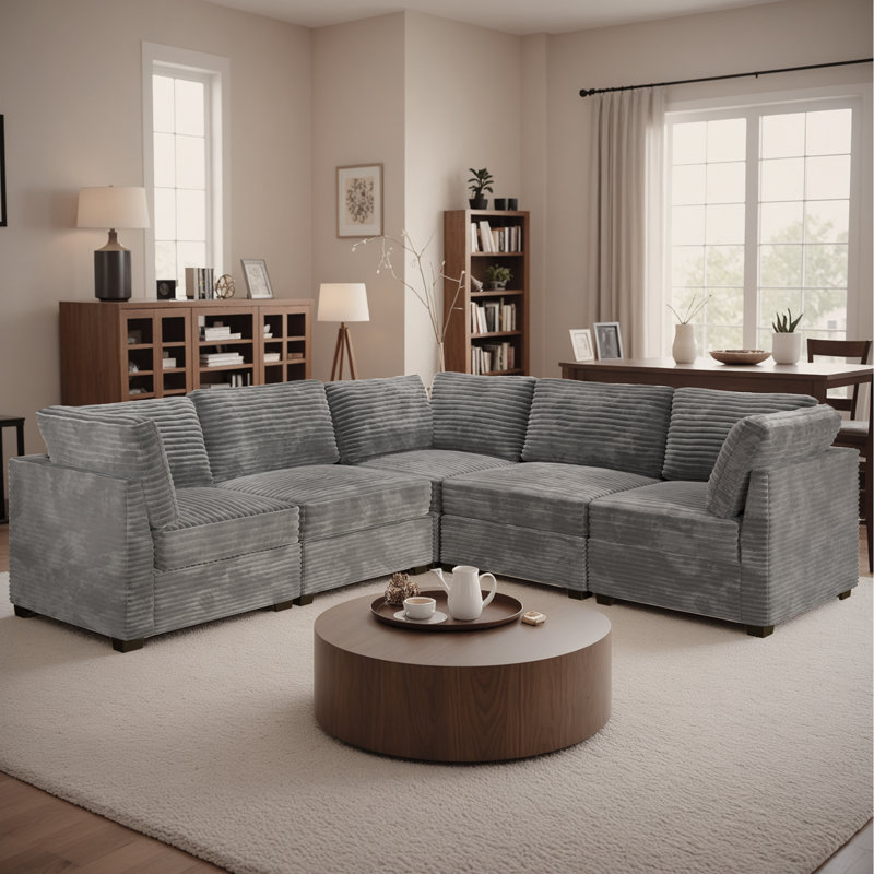  Large L-Shaped Modular Sectional Couch, Modern Plush Corduroy Sleeper Sectional Sofa For Living Room, Office, Bedroom, Gray