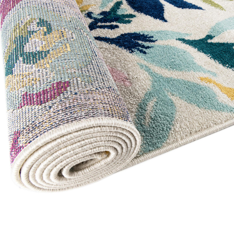 Holle Floral Area Rug, Oval 5'3" x 7'10", White/Navy Blue/Yellow
