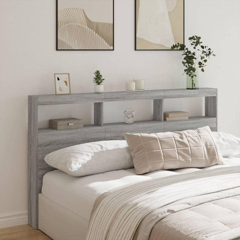 Cedria Bookcase Headboard, Super King - 180 x 200 cm, Grey Sonoma