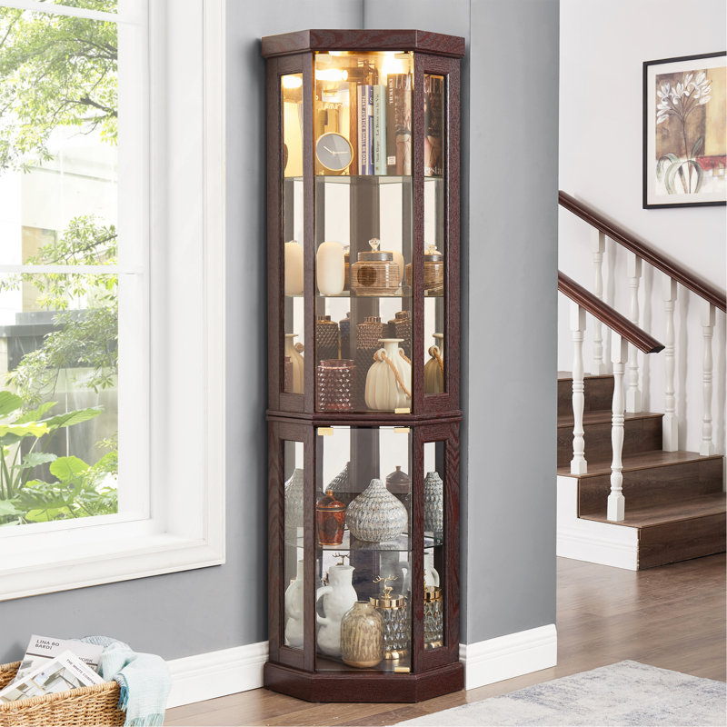 Graceful Lighted Curio Cabinet For Living Room, Showcasing Treasures With Style, Cherry