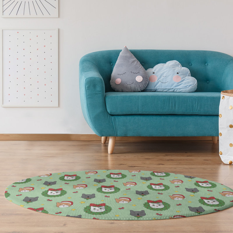 Tapis vert/rouge/gris zone fait main, Rond 5 pi