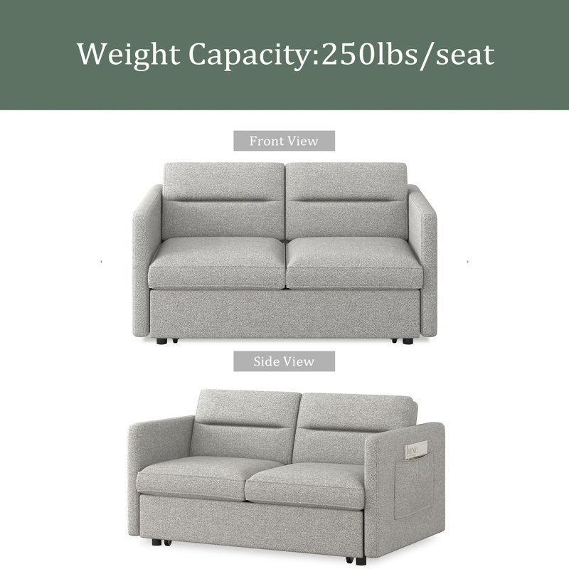 Loveseats Sofa Bed With Pull-Out Bed,Adjsutable Back And Two Arm Pocket, Light grey