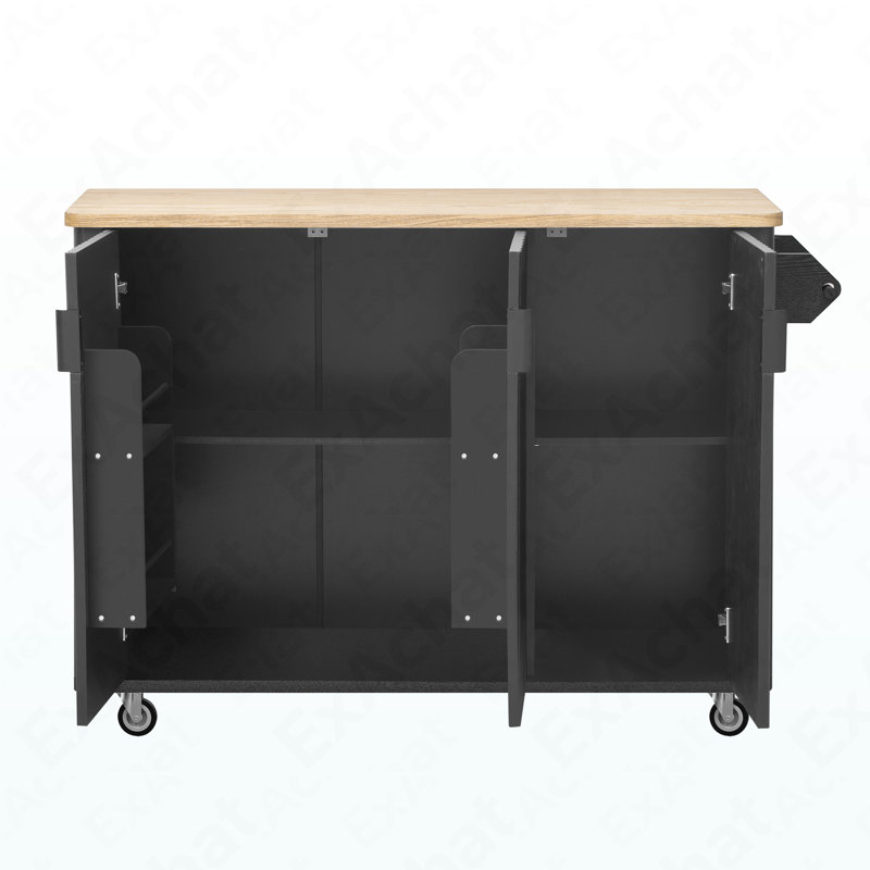 51" Fluted Kitchen Island With Drop Leaf, Farmhouse Accent Kitchen Island On Wheels With Internal Storage Rack, Rolling Kitchen Cart With Towel Rack For Kitchen, Dining Room, Black Ash
