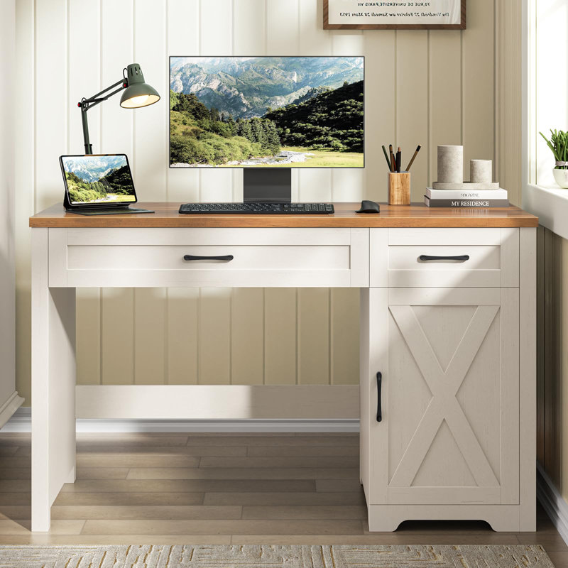 Bureau d'ordinateur avec tiroirs Farmhouse, Brun / Blanc