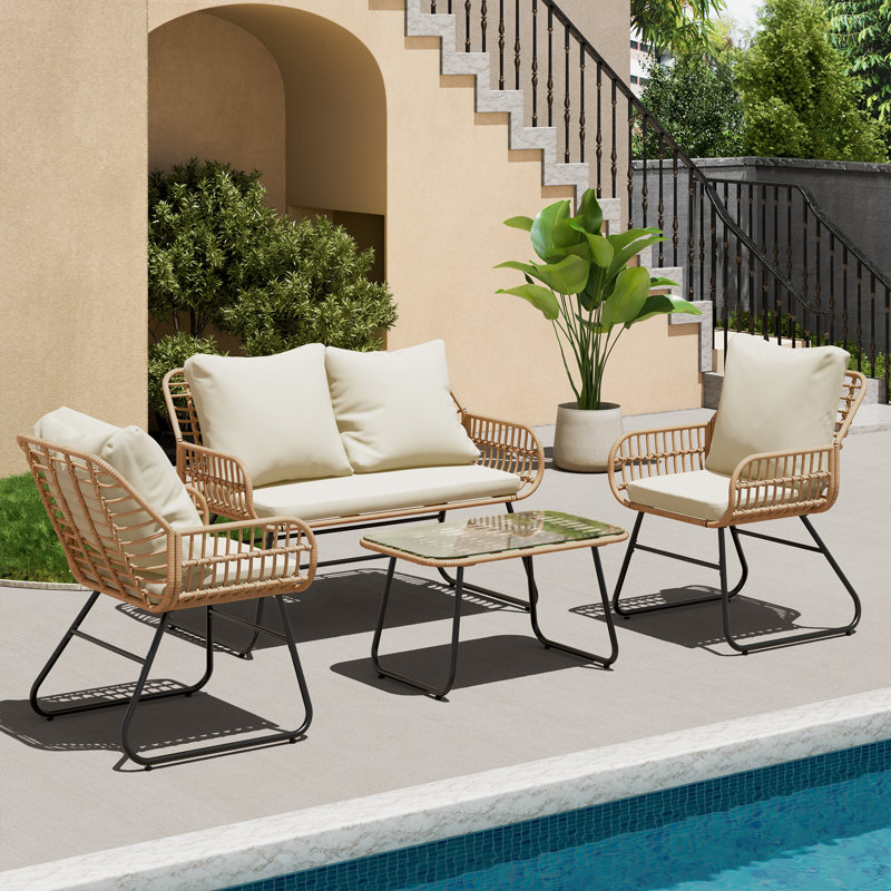 Ensemble de meubles de patio en rotin 4 pièces, Beige, Naturel