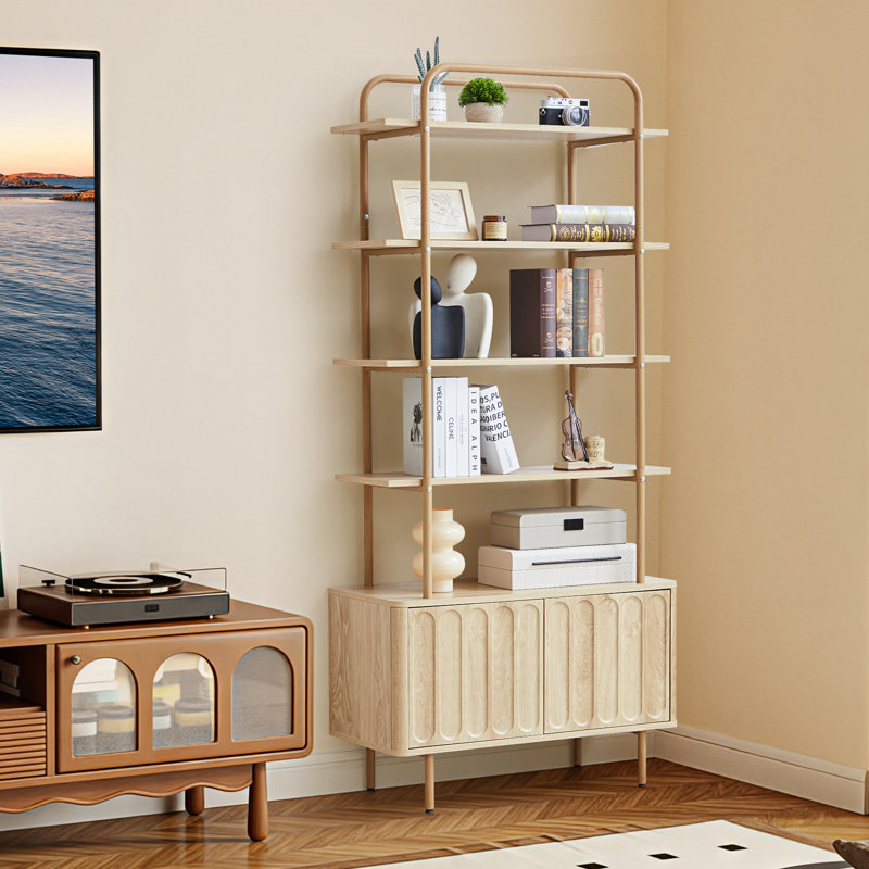 70.86" Modern Bookcase, 5-Tier Book Shelf With Arched Design Storage Cabinet  For Living Room, Bedroom, Natural