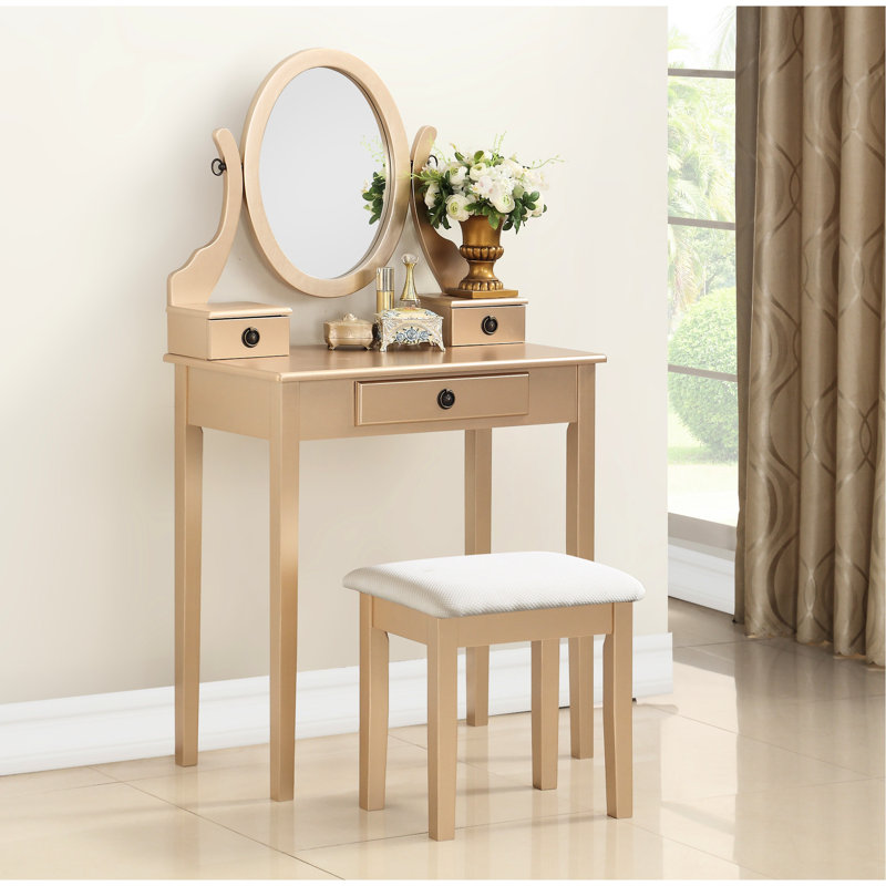 Splendid coiffeuse de maquillage or avec tabouret, 3 tiroirs, miroir ovale réglable avec rangement éblouissant