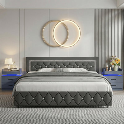 3-Piece Bedroom Sets,With Faux Leather Diamond Tufted Platform Bed  And LED Nightstand