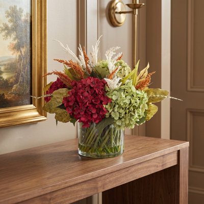 Fall Hydrangea Arrangement in Glass Vase