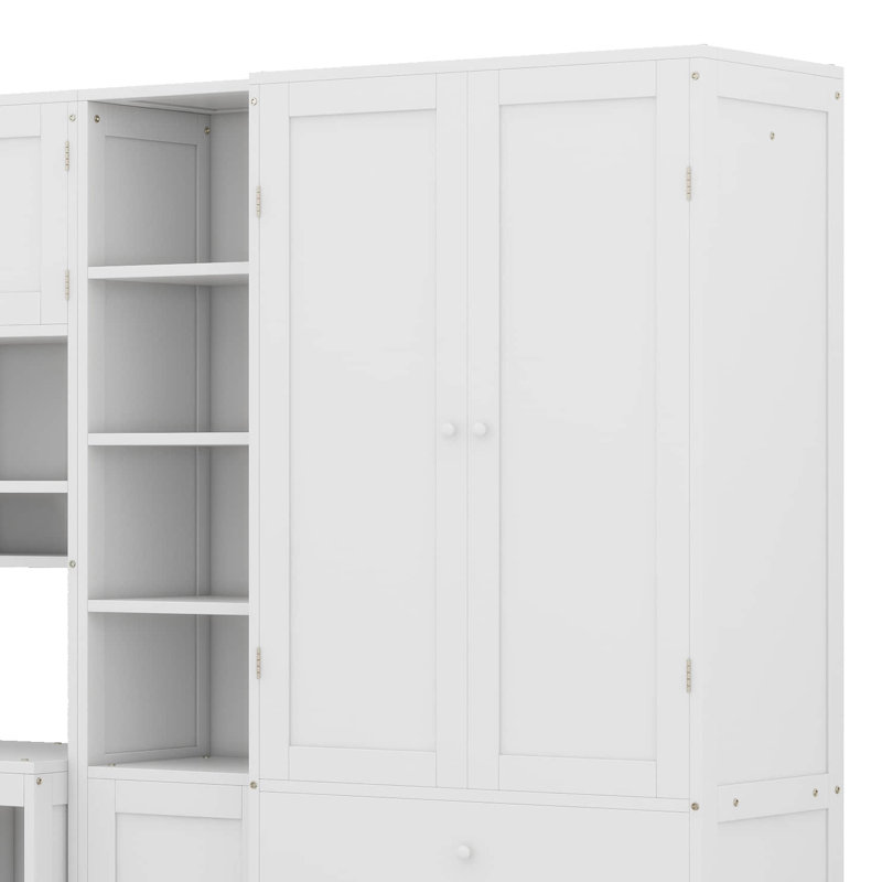 Lit plateforme simple avec tablettes de rangement, bureau et éclairage à DEL, lit plateforme en bois avec armoires, tiroirs et garde-robe