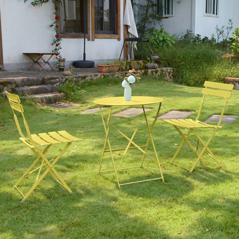 Iron Table And Folding Chair Set, 2 - Person Round Outdoor Dining Set, Yellow