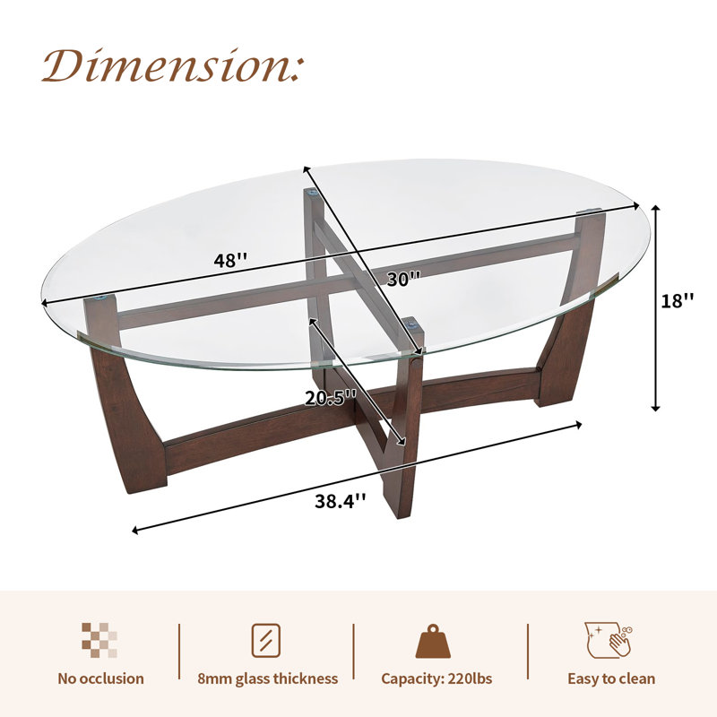 48" Oval Glass Coffee Table with Wood Base, Cherry, Transparent, Cherry
