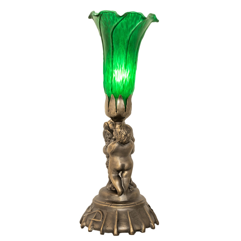 13" High Green Tiffany Pond Lily Twin Cherub Accent Lamp