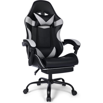 Gaming Chair, Ergonomic Computer Office Chair with Footrest and Lumbar Support, Height Adjustable Desk Chair with 360° Swivel Seat and Headrest, Grey & Black