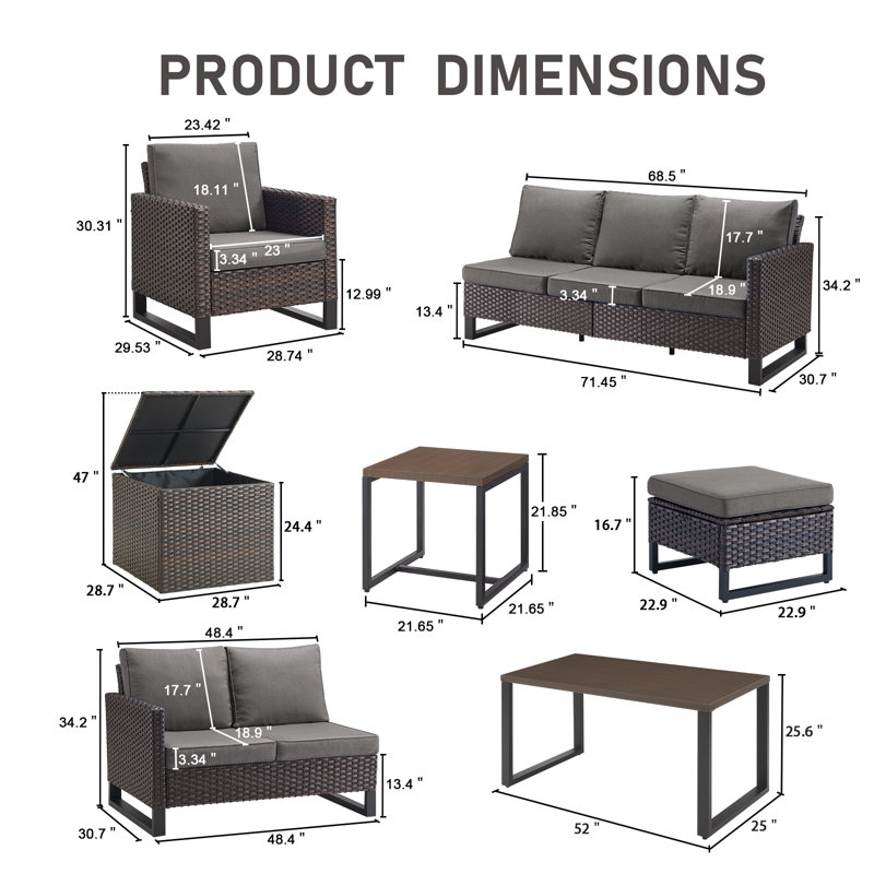 Ingvald 7-9 Person Outdoor Patio Wicker Conversation Set Group With Armchairs And Ottomans, Gray