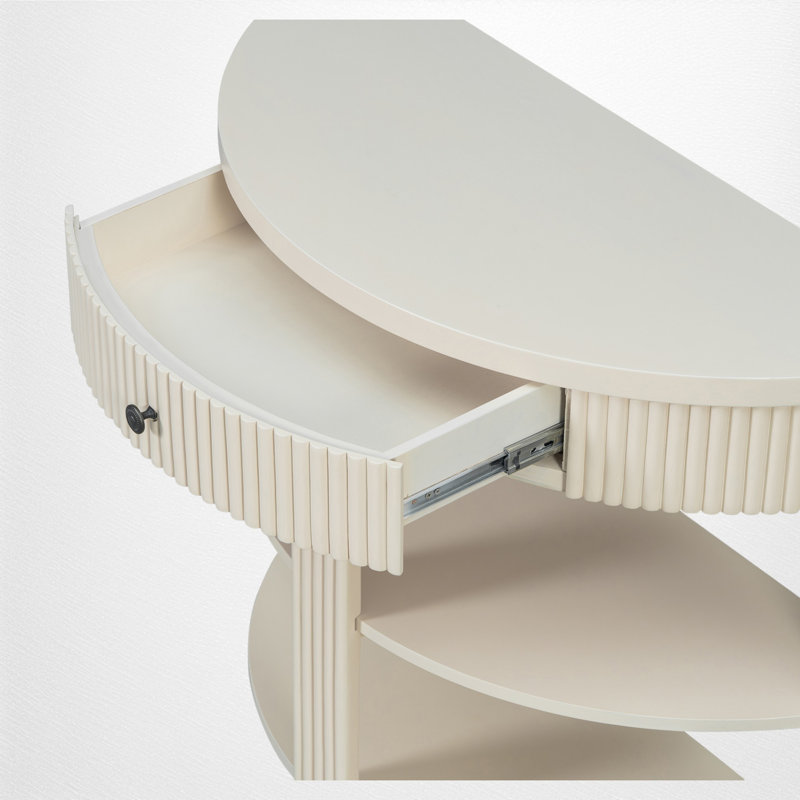 Console en demi-lune, 1 tiroir et 2 étagères ouvertes, design cannelé, style transitionnel moderne, entrée et salon, Crème